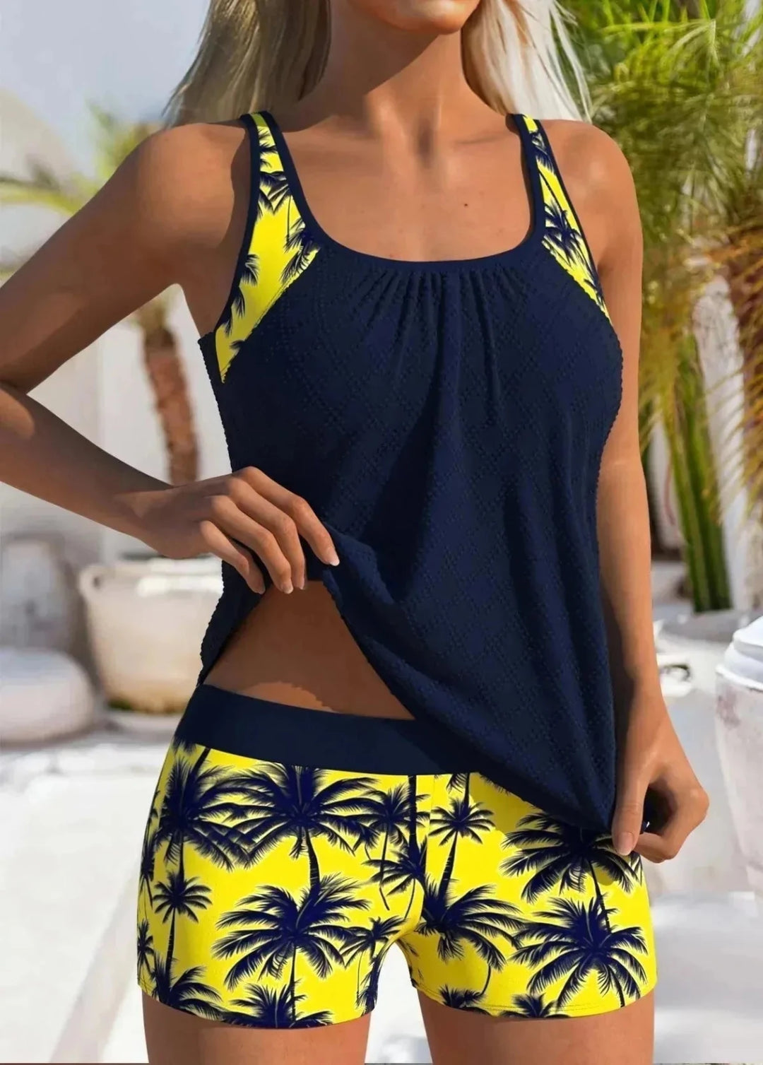 Nora | Stylish Racerback Tankini Set with Tropical Print - Turquoise - 4