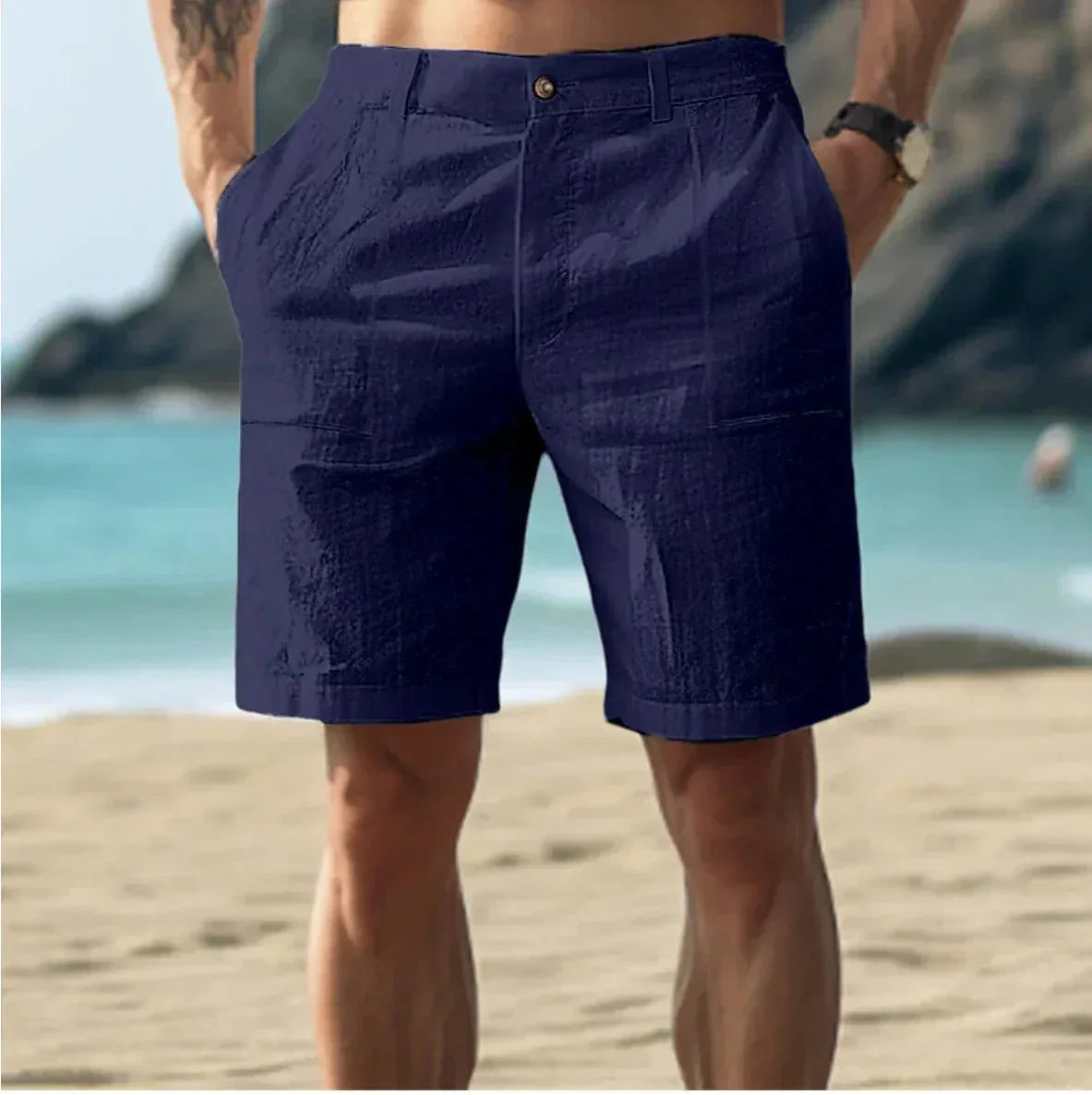 Dark Blue Men's Relaxed Linen Shorts — Luke Breathable Lightweight Summer - Front Pose