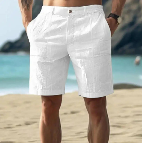 White Men's Relaxed Linen Shorts — Luke Breathable Lightweight Summer - Front Full