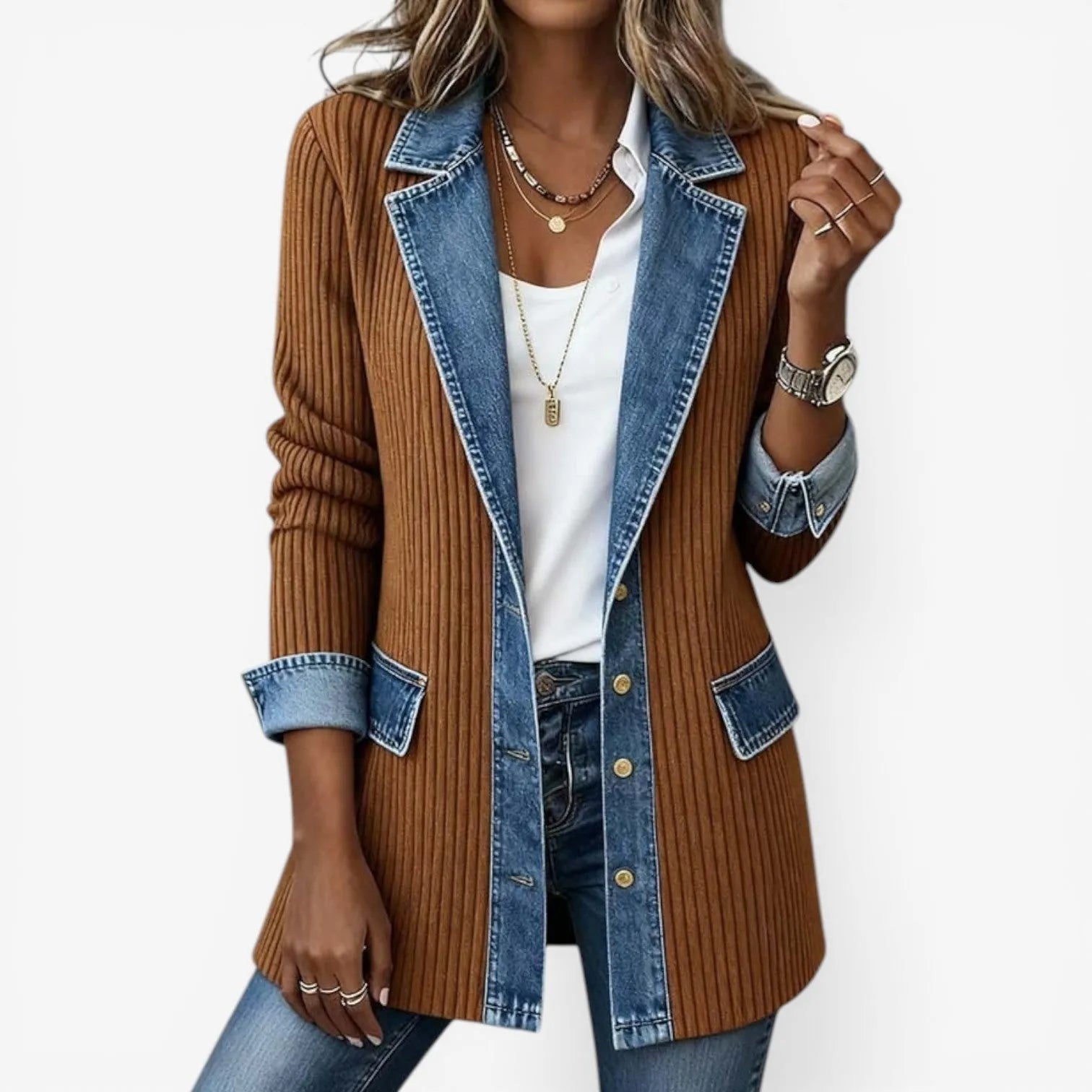 Brown Women's Denim Blazer — Annabel Ribbed Contrast Long-Line - Almost Soldout Front Styled Lifestyle