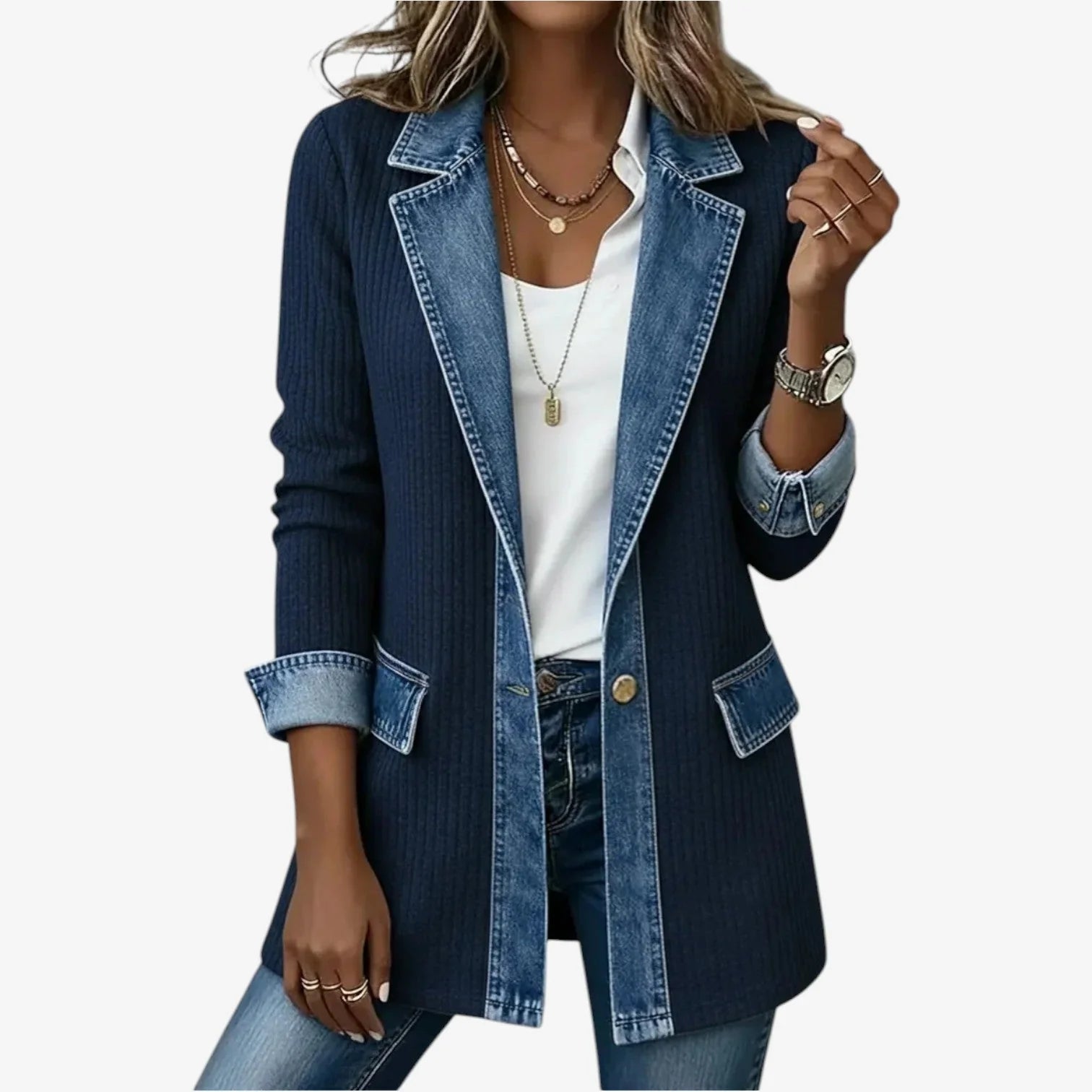 Navy Women's Denim Blazer — Annabel Ribbed Contrast Long-Line - Front Buttoned Lapel