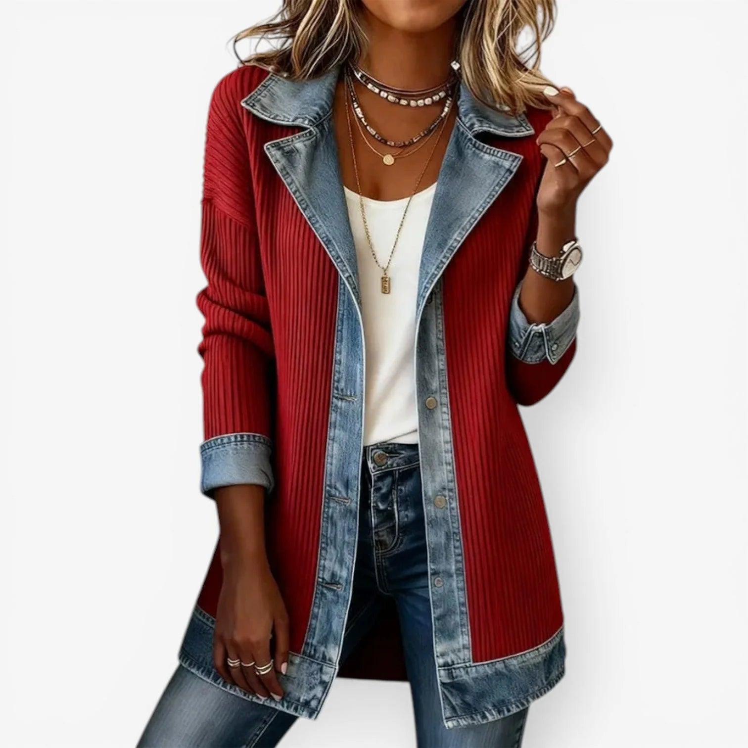 Red Women's Denim Blazer — Annabel Ribbed Contrast Long-Line - Almost Soldout Front Standing Pose