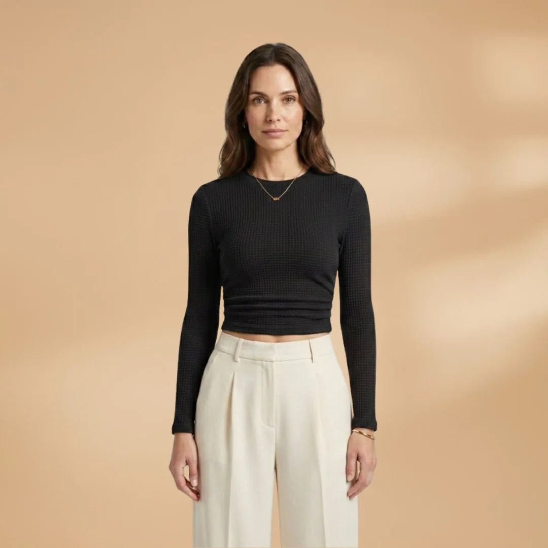 Lily | Chic Ribbed Long Sleeve Crop Top - Black - 10