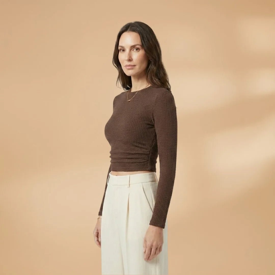 Lily | Chic Ribbed Long Sleeve Crop Top - Brown - 4