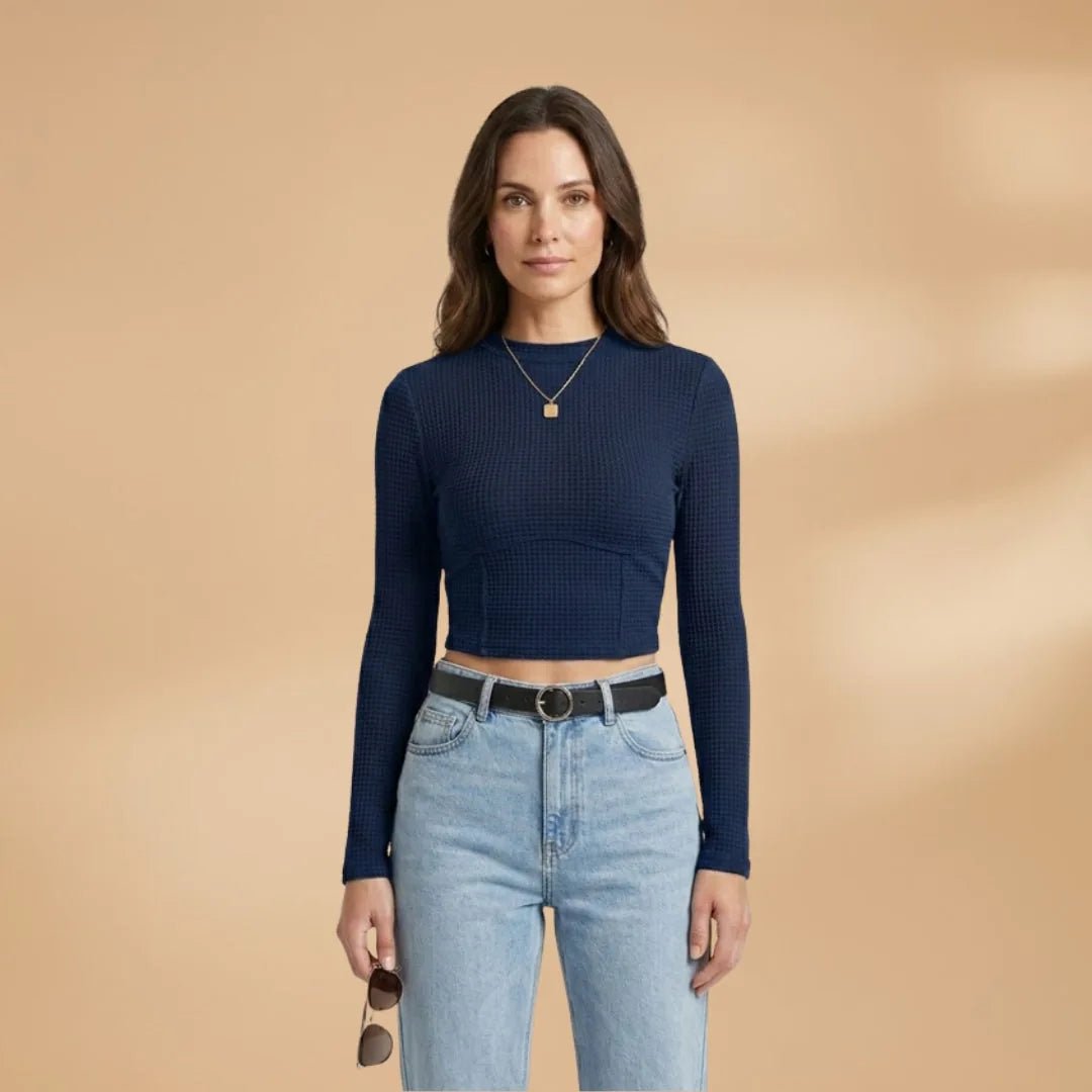 Lily | Chic Ribbed Long Sleeve Crop Top - Navy Blue - 6