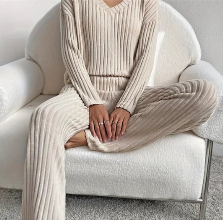Beige Women's Ribbed Two Piece Lounge Set — Edie V-Neck Knit Loungewear - Front Full