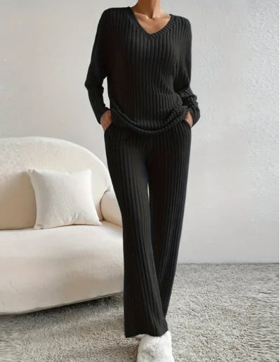 Black Women's Ribbed Two Piece Lounge Set — Edie V-Neck Knit Loungewear - Studio Pose