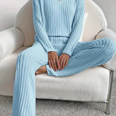 Blue Women's Ribbed Two Piece Lounge Set — Edie V-Neck Knit Loungewear - Seated Lifestyle