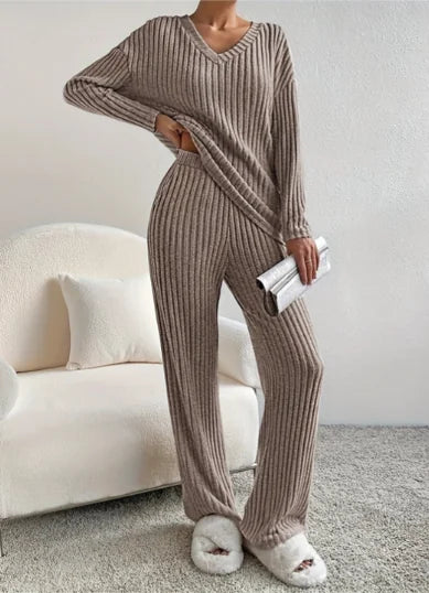 Brown Women's Ribbed Two Piece Lounge Set — Edie V-Neck Knit Loungewear - Side Pose