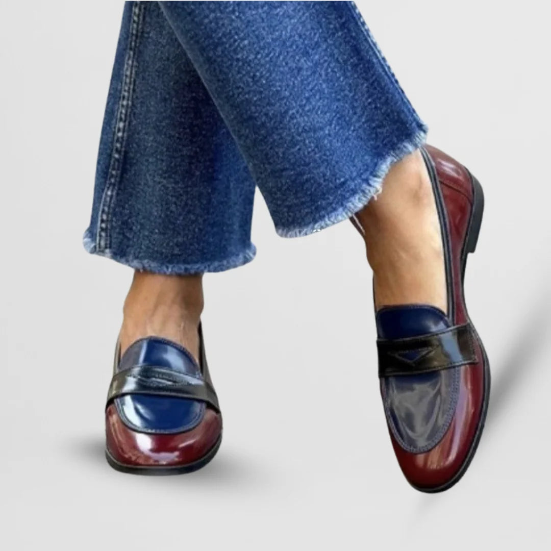 Blue Women's Round Toe Flat Loafers — Willow Patent Leather Slip-On - Side Pose