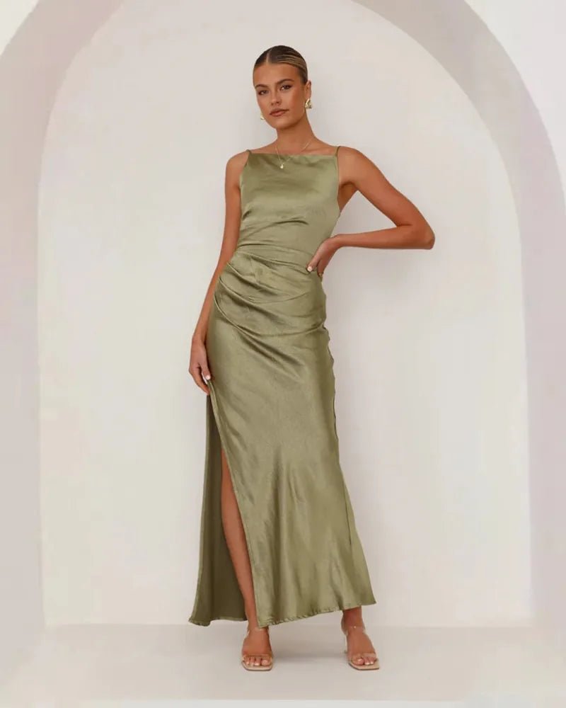Matilda | Elegant Sleeveless Ruched Satin Maxi Dress With Side Slit - Olive - 5