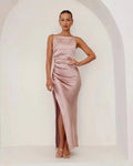 Matilda | Elegant Sleeveless Ruched Satin Maxi Dress With Side Slit