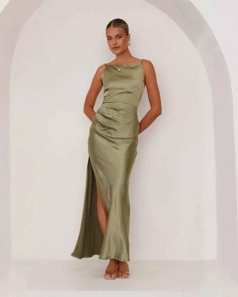Matilda | Elegant Sleeveless Ruched Satin Maxi Dress With Side Slit - Sage - 4