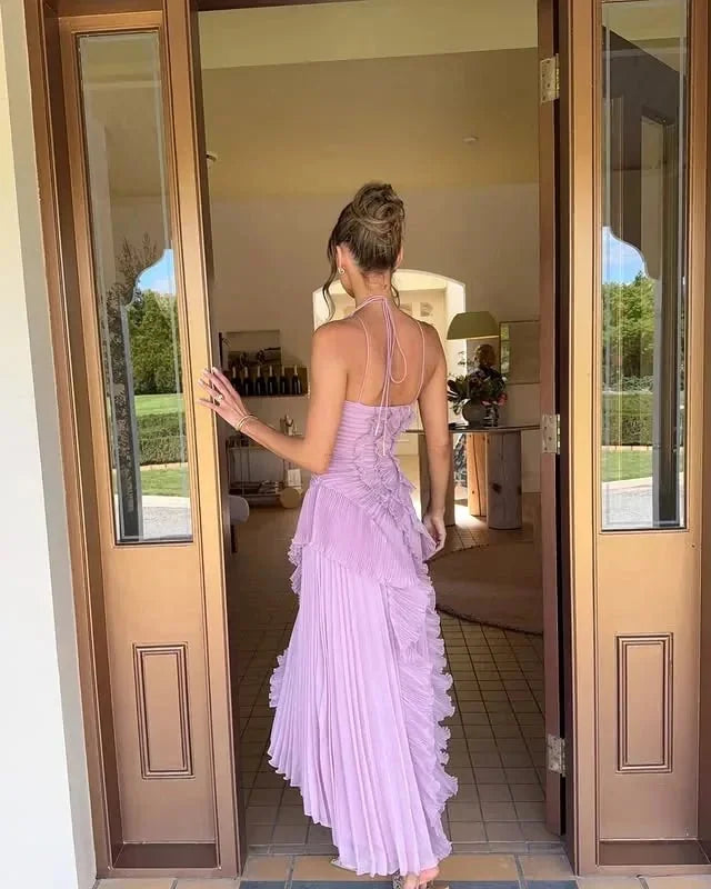 Purple Women's Ruffle Halter Maxi Dress — Wendy Pleated Asymmetric Evening - Back Detail