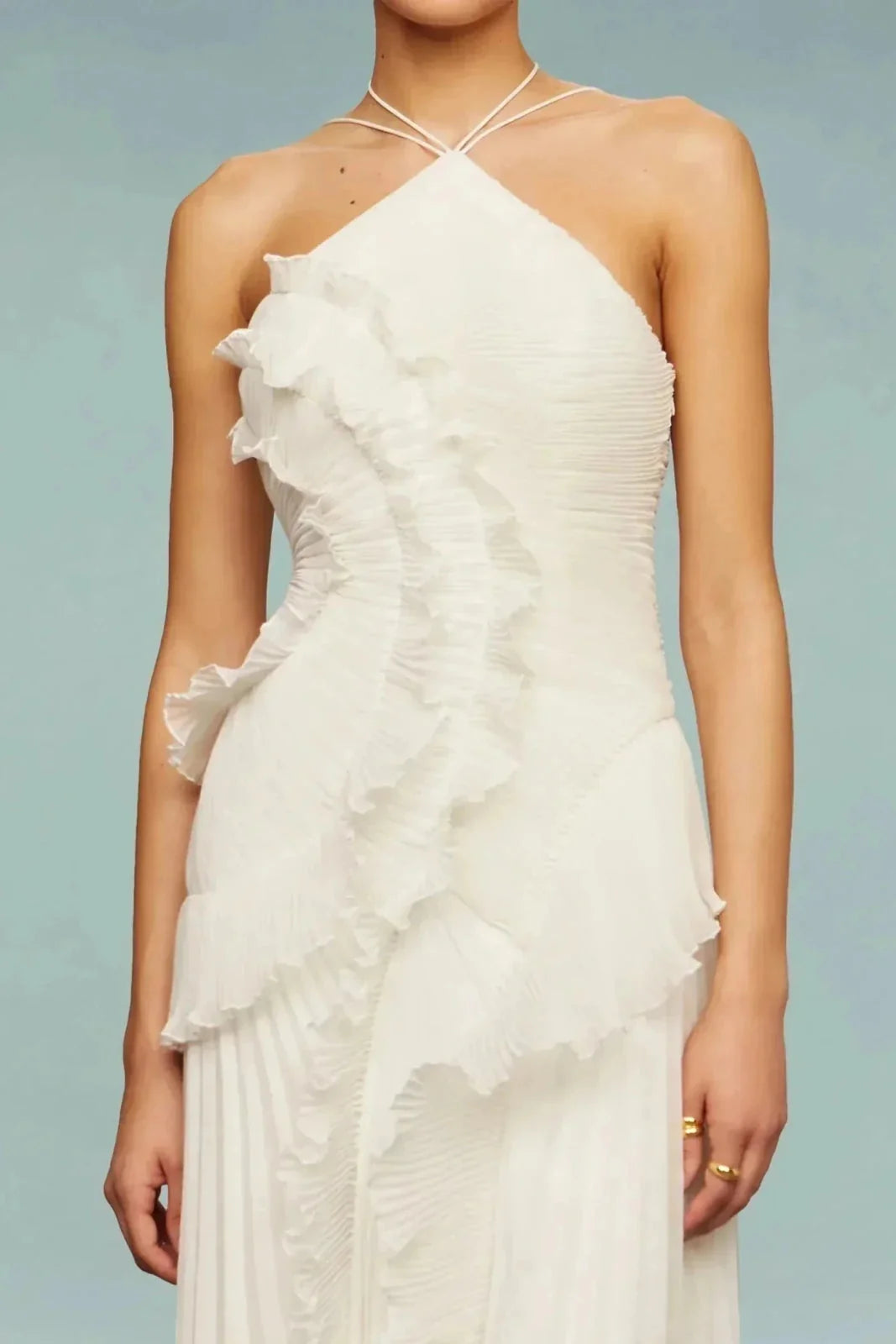 White Women's Ruffle Halter Maxi Dress — Wendy Pleated Asymmetric Evening - Close Up Neckline