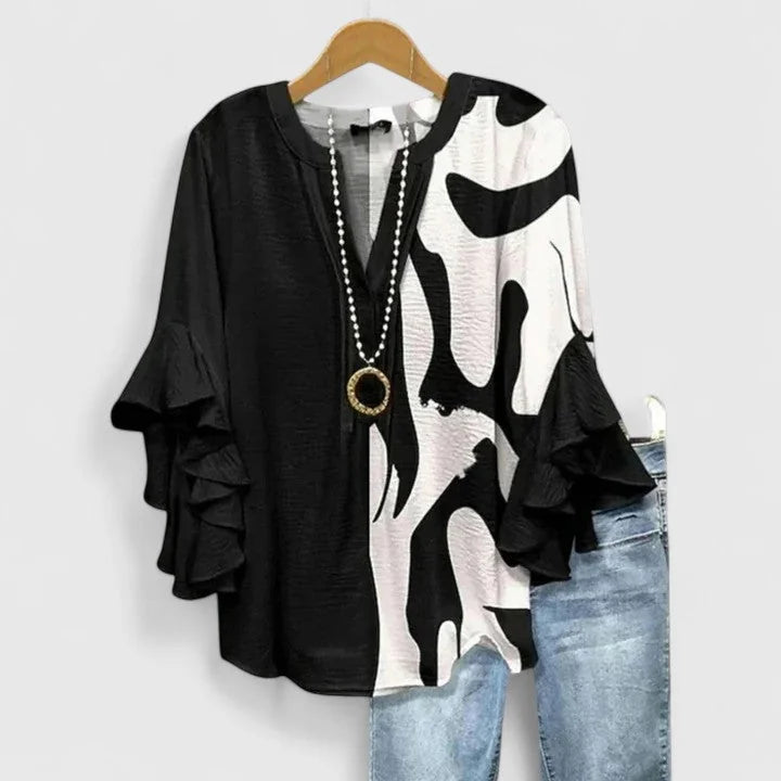 Black Women's Floral Ruffle Sleeve V-Neck Blouse — Daisy Bell Sleeve Boho - Front Colorblock