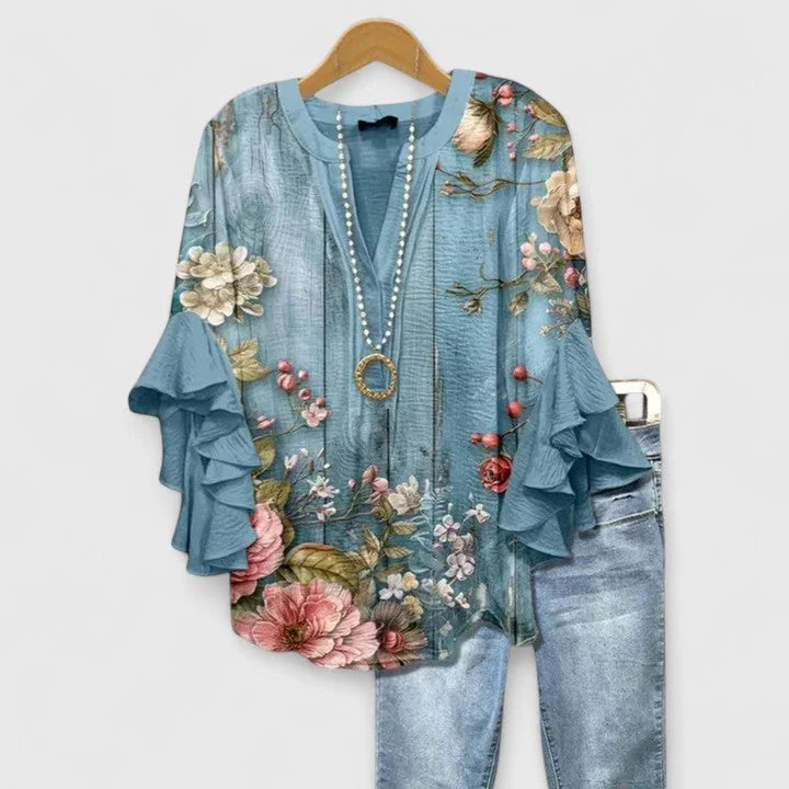 Blue Women's Floral Ruffle Sleeve V-Neck Blouse — Daisy Bell Sleeve Boho - Front Botanical