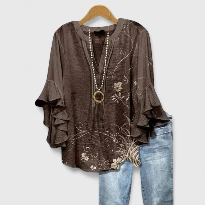 Brown Women's Floral Ruffle Sleeve V-Neck Blouse — Daisy Bell Sleeve Boho - Front Hanger