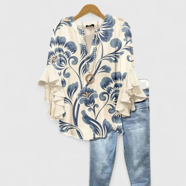 Women's Floral Ruffle Sleeve V-Neck Blouse — Daisy Bell Sleeve Boho
