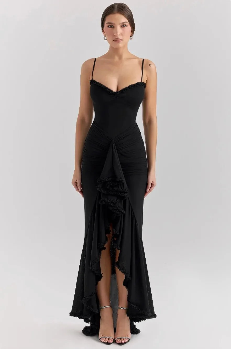 Black Women's Ruffle Spaghetti Strap Maxi Dress — Maddie Asymmetric Tiered Evening - Front Centered