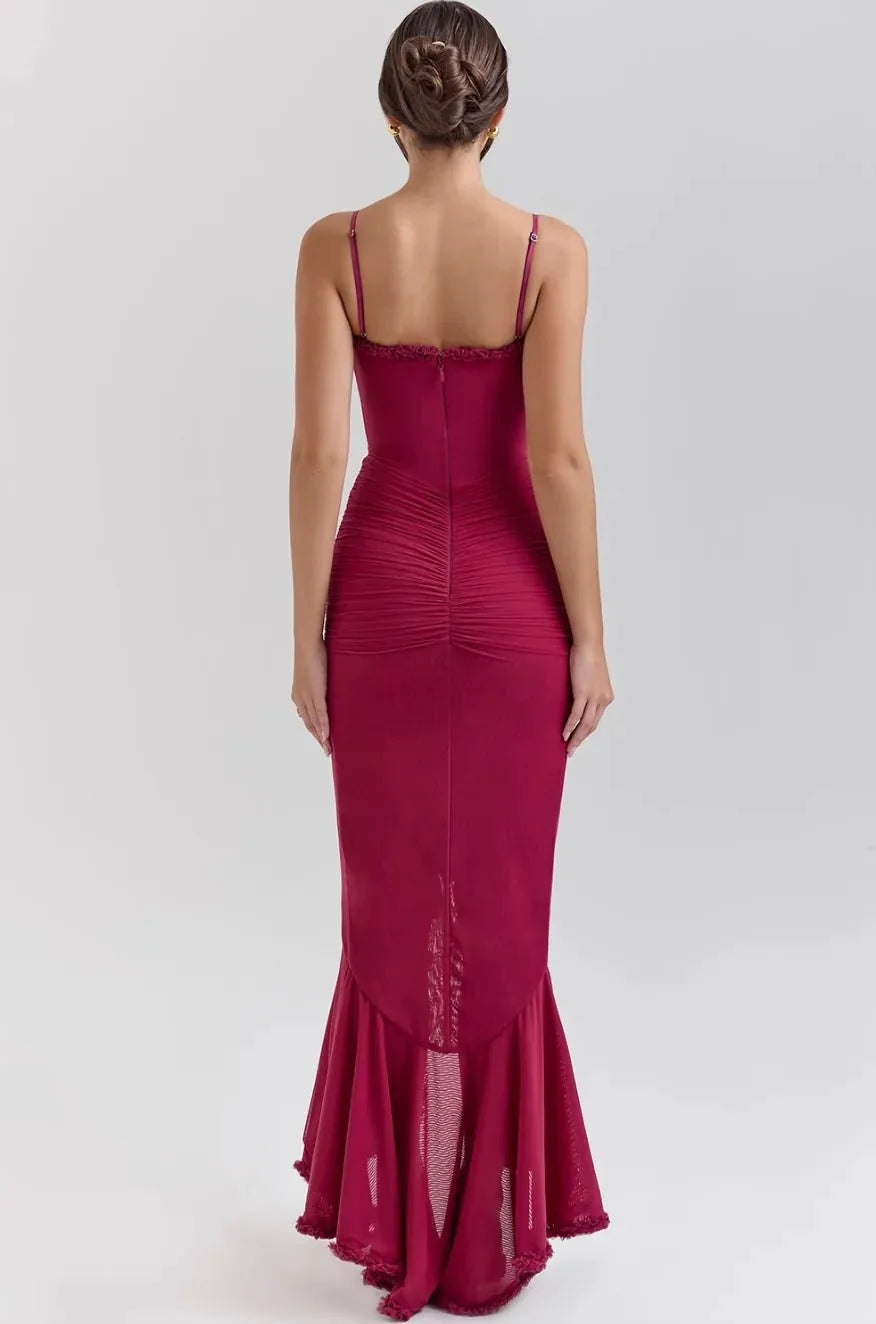 Burgundy Women's Ruffle Spaghetti Strap Maxi Dress — Maddie Asymmetric Tiered Evening - Back Detail