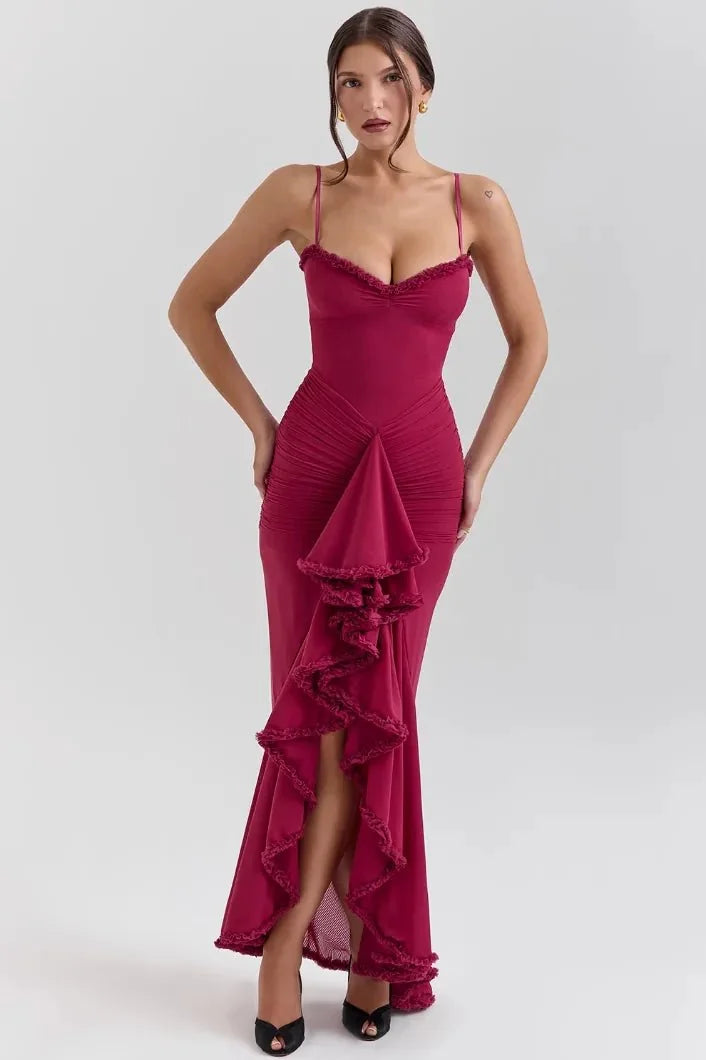 Burgundy Women's Ruffle Spaghetti Strap Maxi Dress — Maddie Asymmetric Tiered Evening - Front Studio