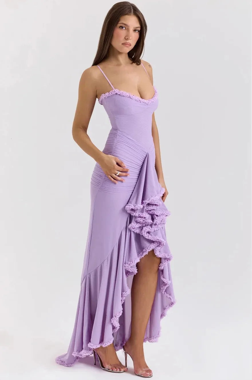 Lilac Women's Ruffle Spaghetti Strap Maxi Dress — Maddie Asymmetric Tiered Evening - Side Angle
