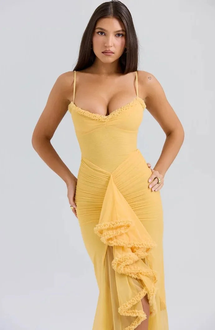 Yellow Women's Ruffle Spaghetti Strap Maxi Dress — Maddie Asymmetric Tiered Evening - Close Up Detail