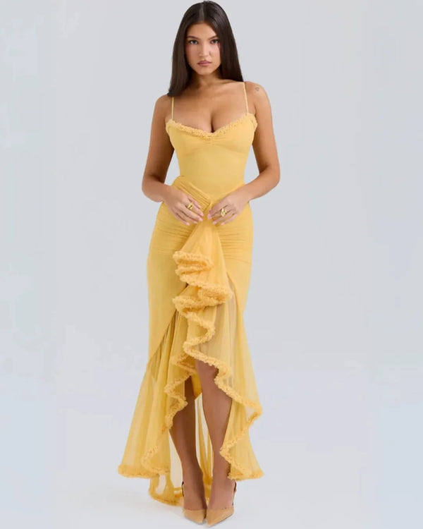 Yellow Women's Ruffle Spaghetti Strap Maxi Dress — Maddie Asymmetric Tiered Evening - Front Full