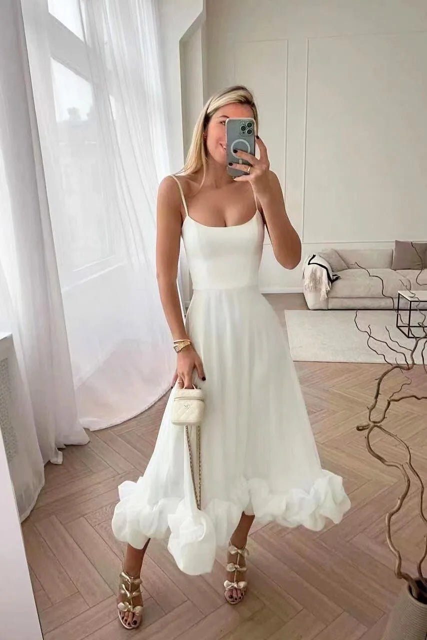 Sienna | Chic Ruffle Midi Wedding Guest Dress - White - 2