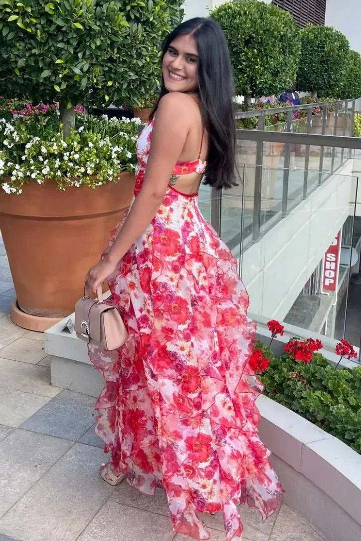 Red Women's Floral Ruffle Tiered Maxi Dress — Marisol Sweetheart Neckline - Back Detail