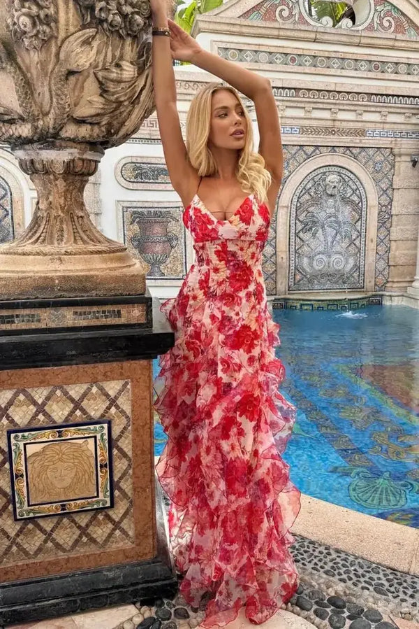 Red Women's Floral Ruffle Tiered Maxi Dress — Marisol Sweetheart Neckline - Front Pose
