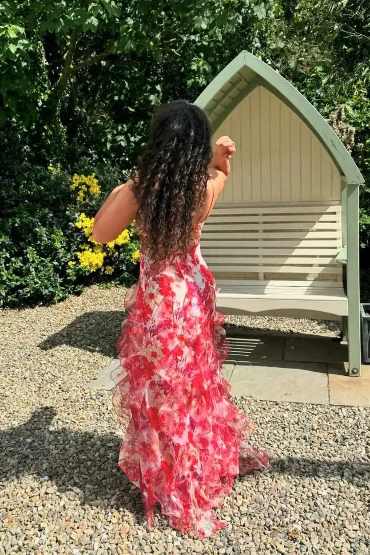 Red Women's Floral Ruffle Tiered Maxi Dress — Marisol Sweetheart Neckline - Garden Lifestyle