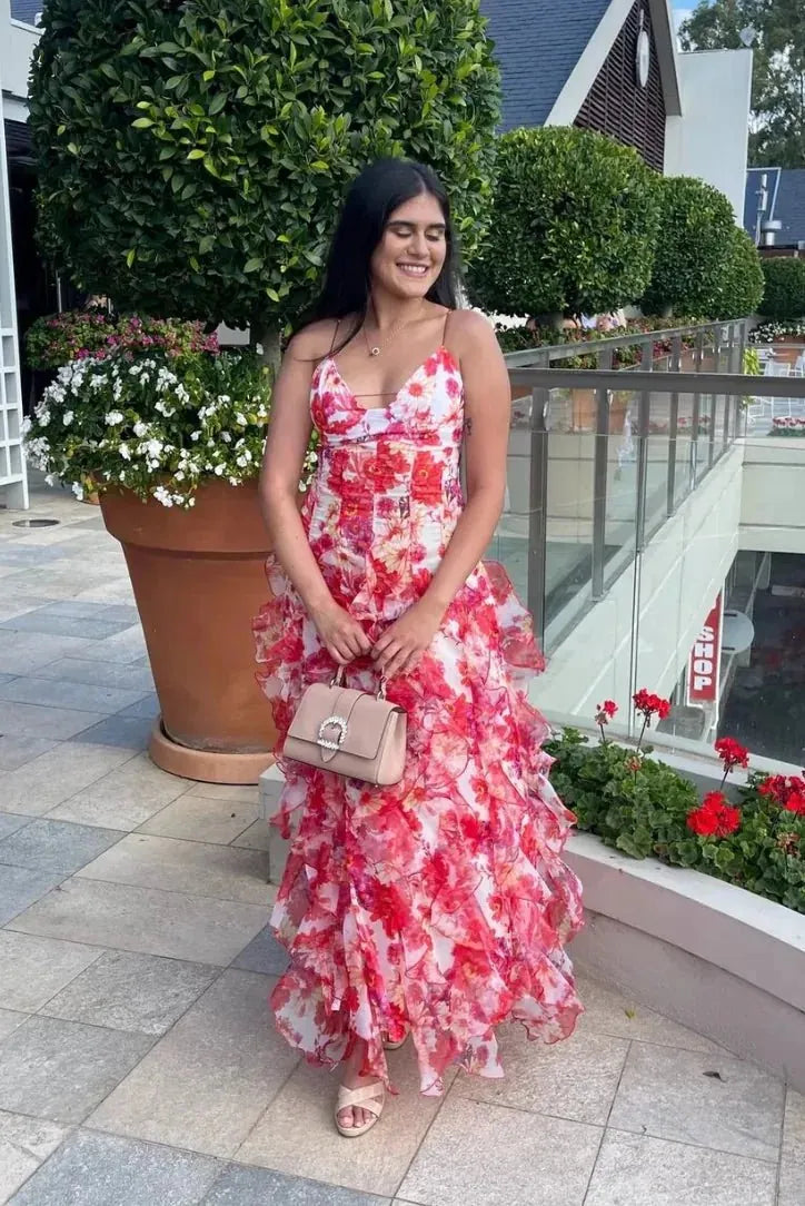 Red Women's Floral Ruffle Tiered Maxi Dress — Marisol Sweetheart Neckline - Outdoor Terrace
