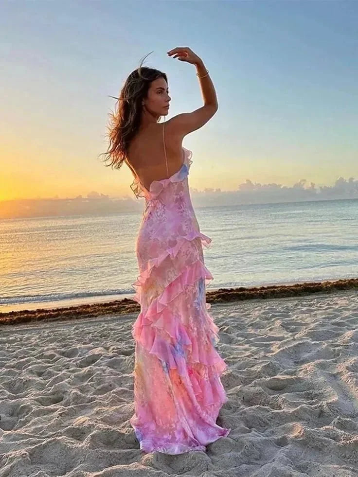 Purple Women's Ruffle Tiered Maxi Dress — Claire V-Neck Floral Spaghetti Strap - Back Pose