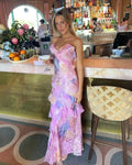 Women's Ruffle Tiered Maxi Dress — Claire V-Neck Floral Spaghetti Strap