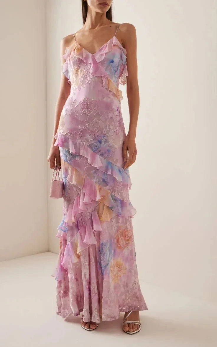 Purple Women's Ruffle Tiered Maxi Dress — Claire V-Neck Floral Spaghetti Strap - Studio Full