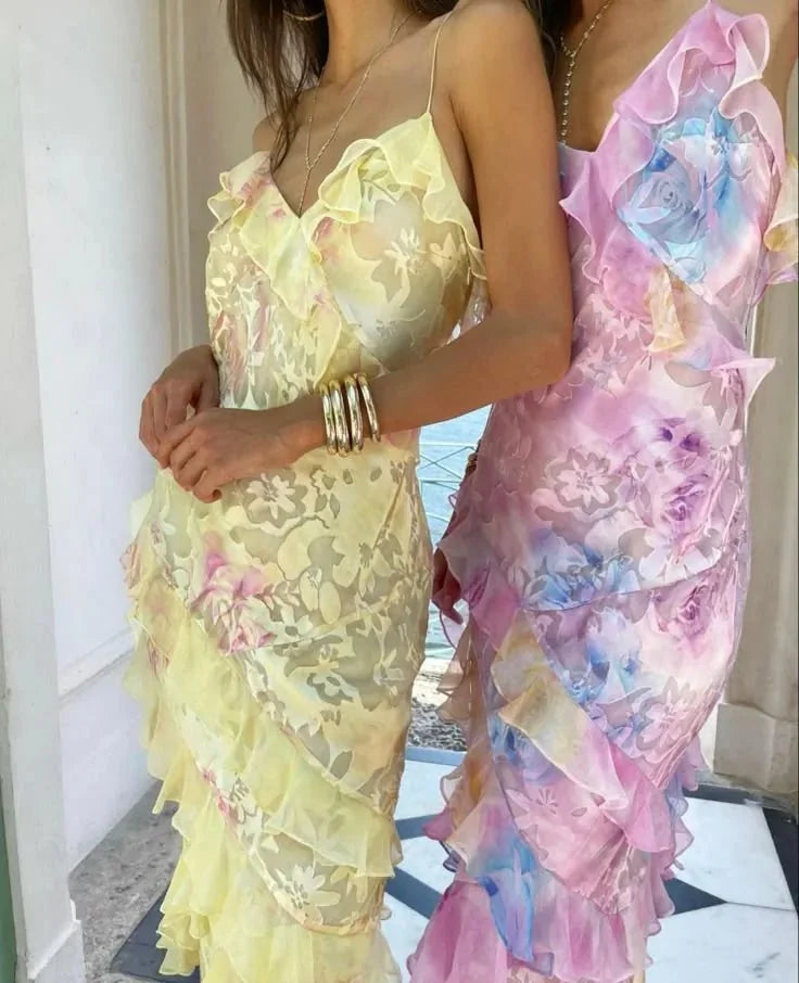 Yellow Women's Ruffle Tiered Maxi Dress — Claire V-Neck Floral Spaghetti Strap - Friends Together
