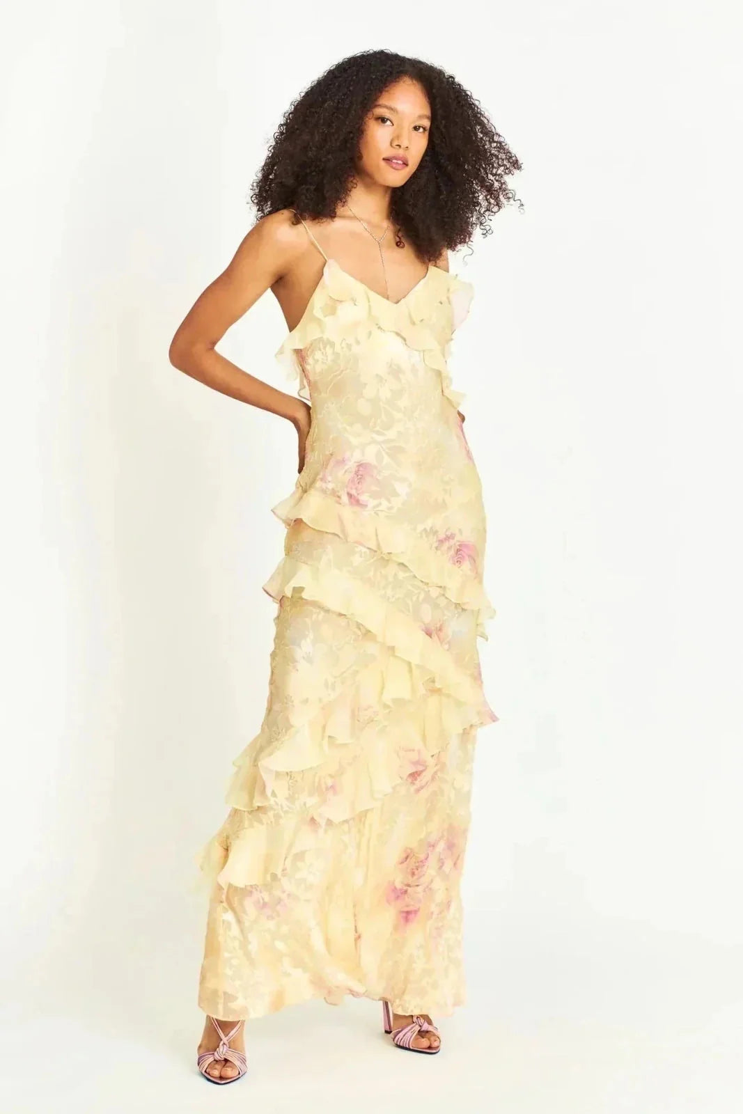 Yellow Women's Ruffle Tiered Maxi Dress — Claire V-Neck Floral Spaghetti Strap - Model Full