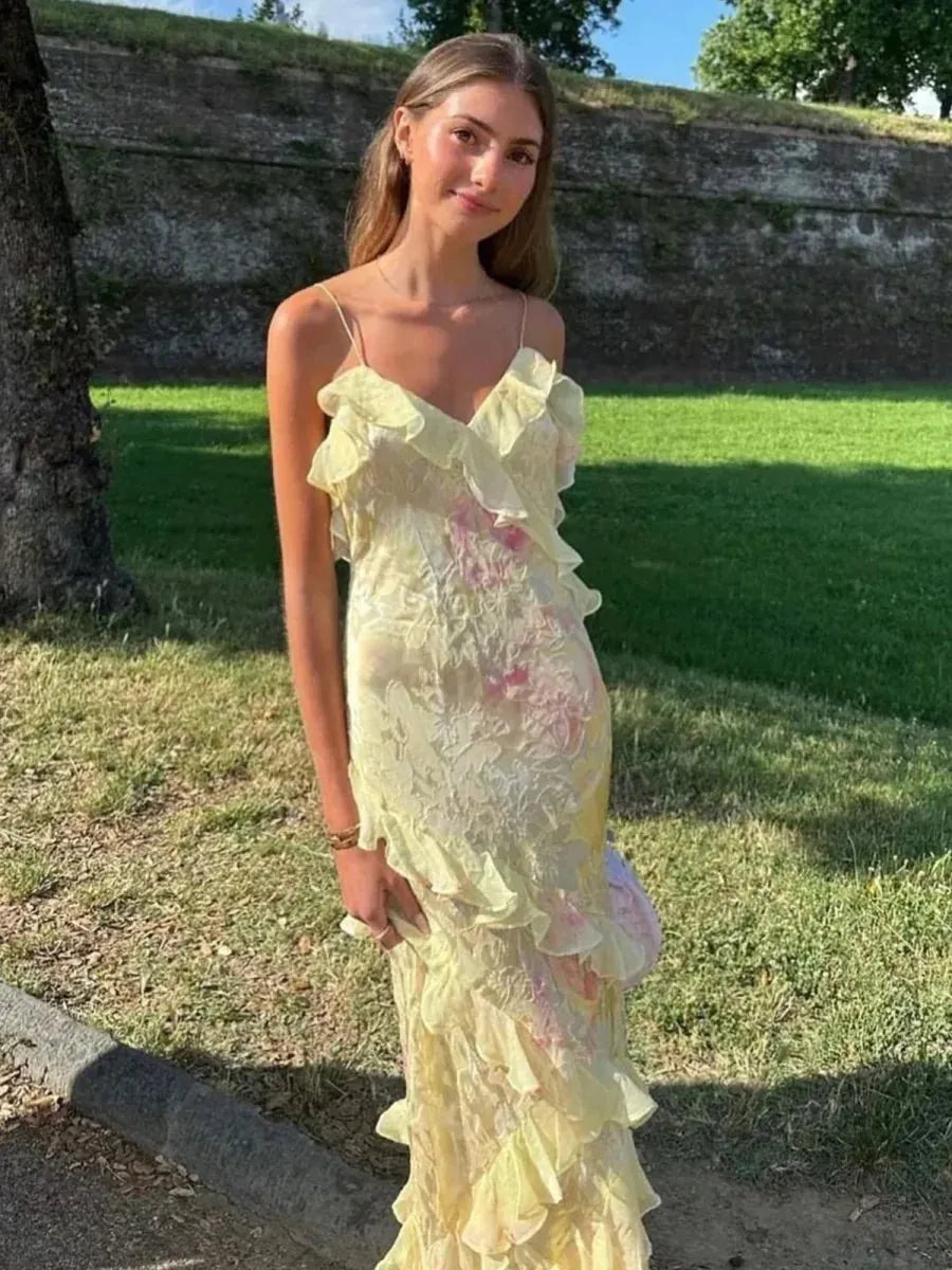 Yellow Women's Ruffle Tiered Maxi Dress — Claire V-Neck Floral Spaghetti Strap - Outdoor Front