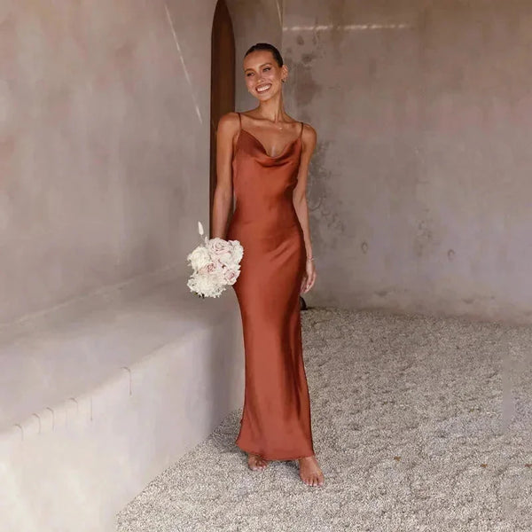 Marron Women's Satin Cowl Neck Maxi Dress — Willa Sleeveless Slip Evening - Front Full