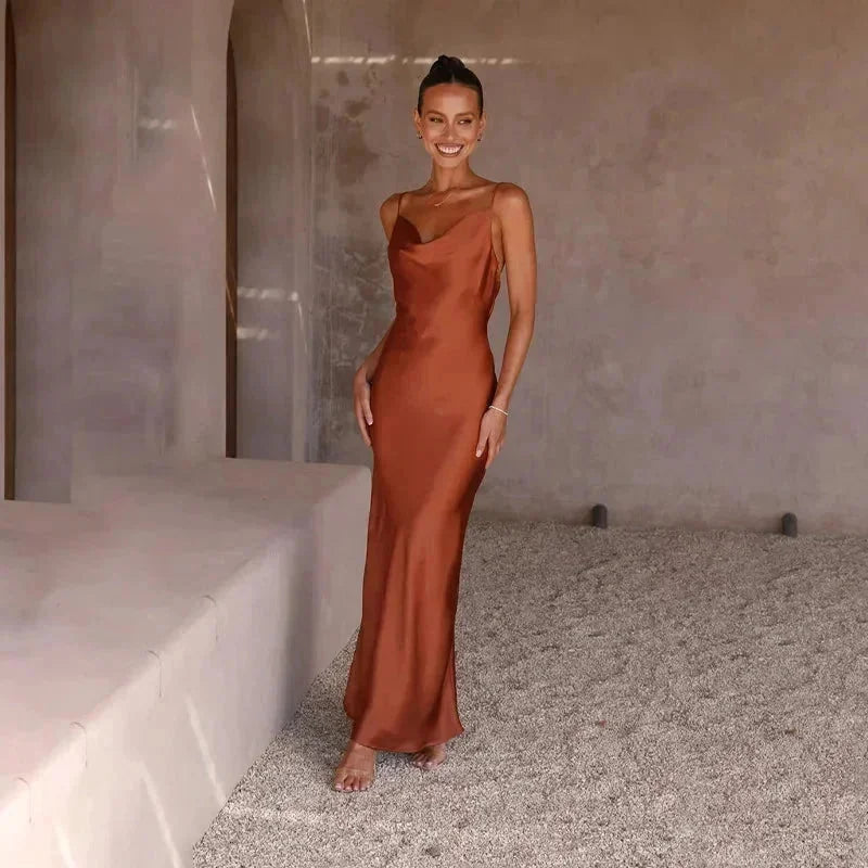 Marron Women's Satin Cowl Neck Maxi Dress — Willa Sleeveless Slip Evening - Side Pose