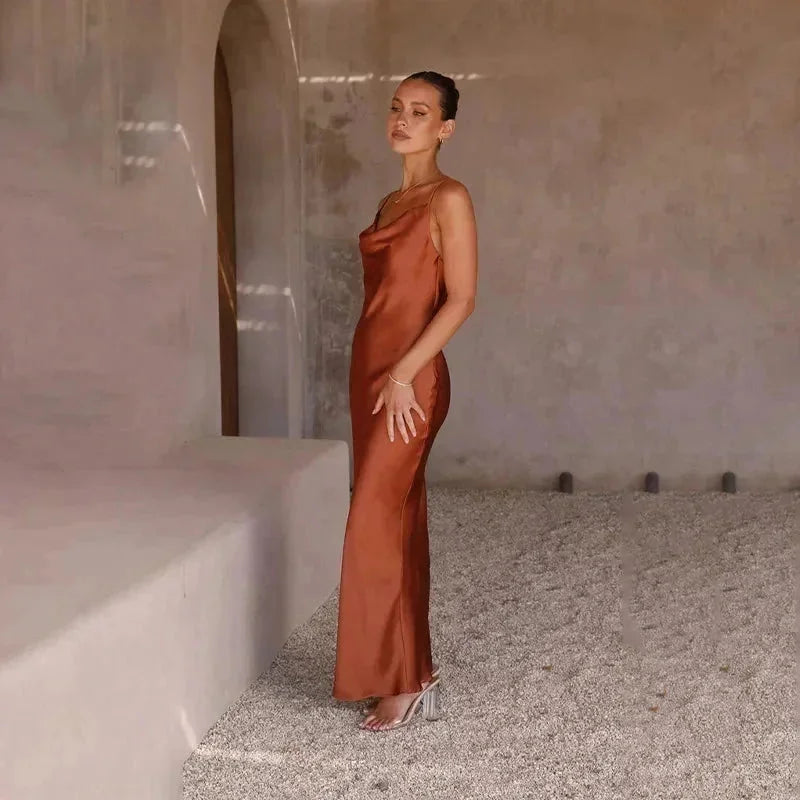 Marron Women's Satin Cowl Neck Maxi Dress — Willa Sleeveless Slip Evening - Side Studio