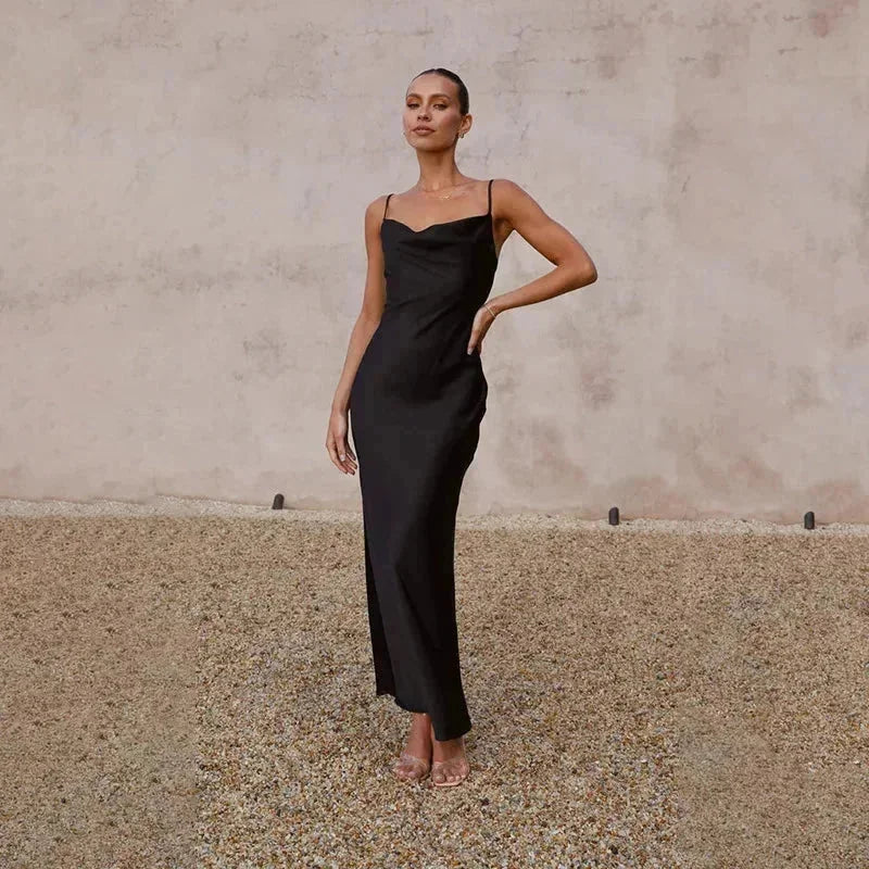 Noir Women's Satin Cowl Neck Maxi Dress — Willa Sleeveless Slip Evening - Studio Pose