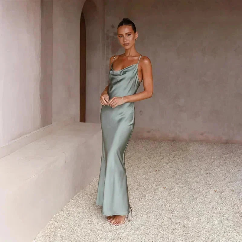 Vert Women's Satin Cowl Neck Maxi Dress — Willa Sleeveless Slip Evening - Clair Studio Front