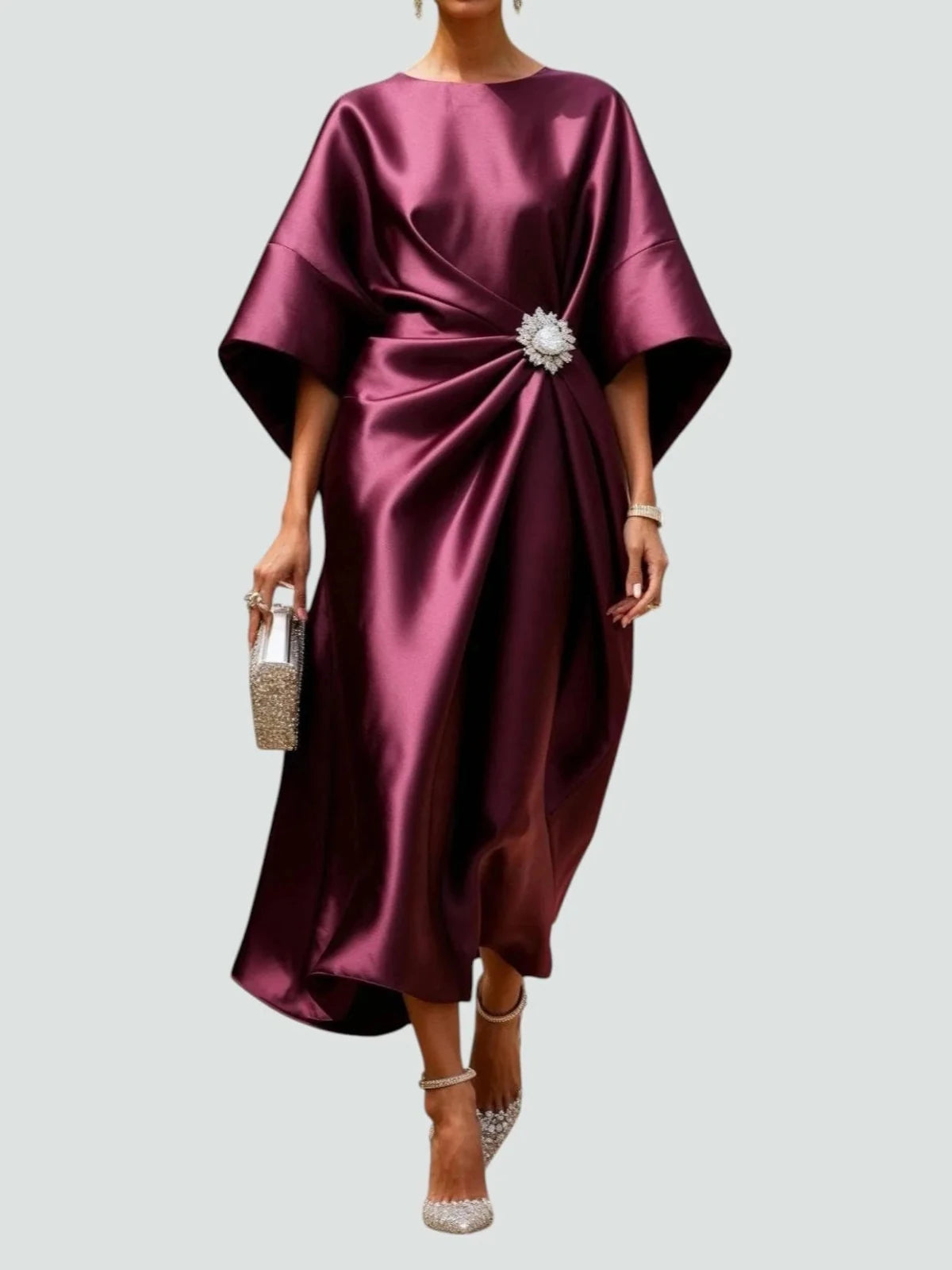 Eva | Elegant Satin Kimono Sleeve Midi Dress With Brooch - Burgundy - 2