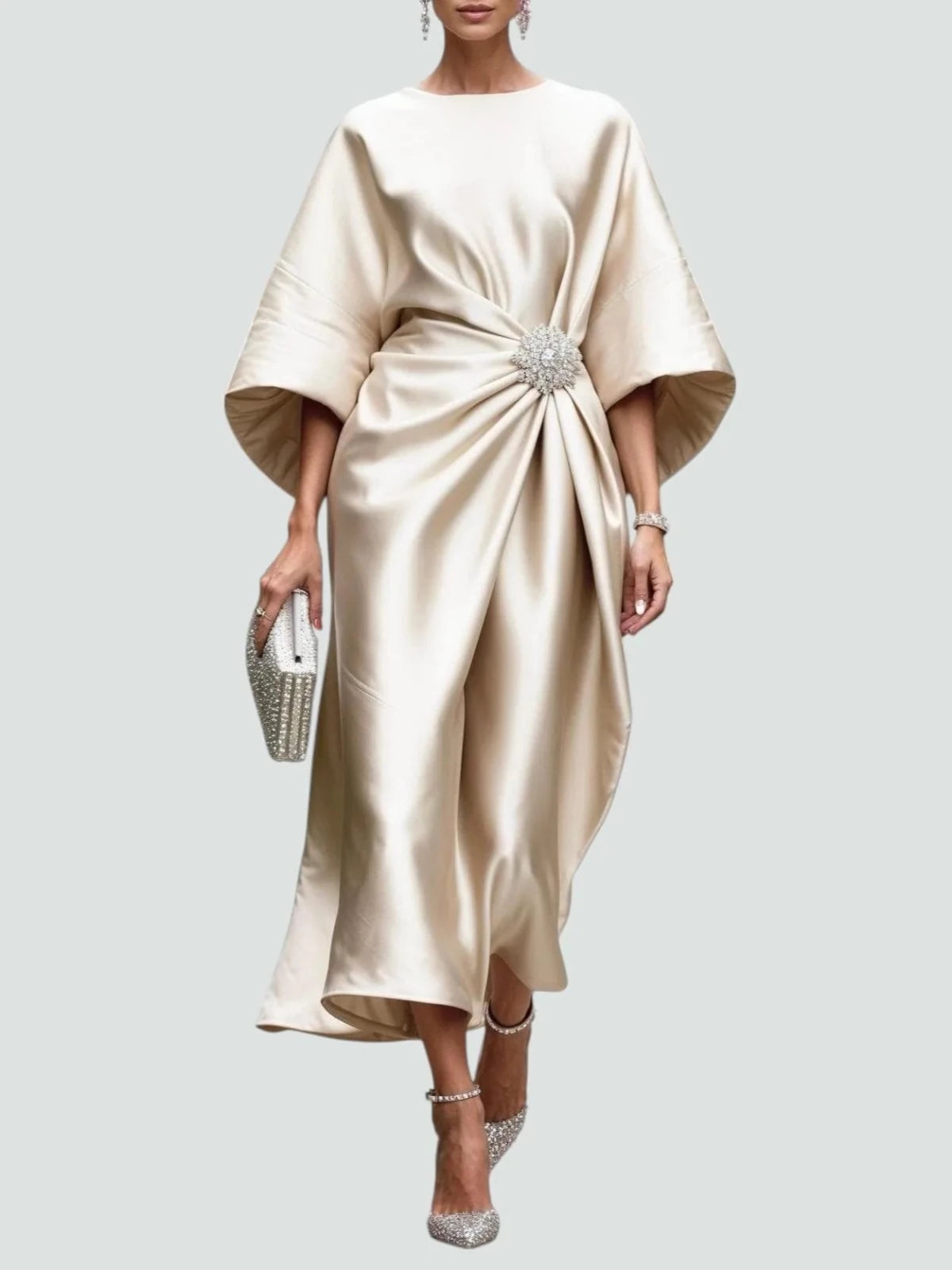Eva | Elegant Satin Kimono Sleeve Midi Dress With Brooch - Cream - 6