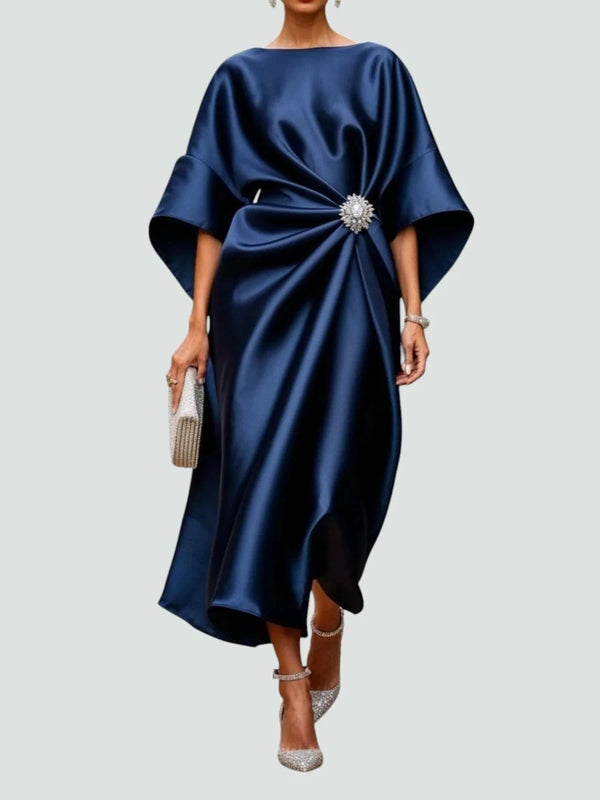 Eva | Elegant Satin Kimono Sleeve Midi Dress With Brooch - Navy Blue - 1