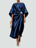Eva | Elegant Satin Kimono Sleeve Midi Dress With Brooch