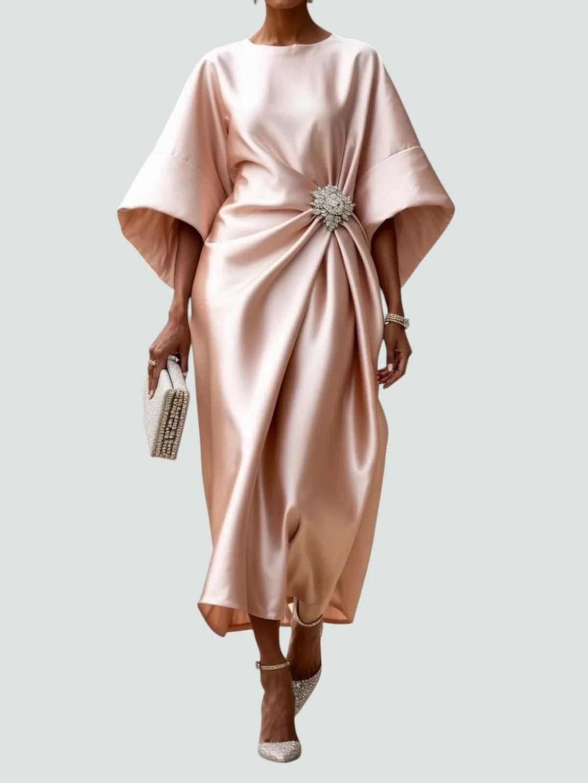 Eva | Elegant Satin Kimono Sleeve Midi Dress With Brooch - Peach - 5